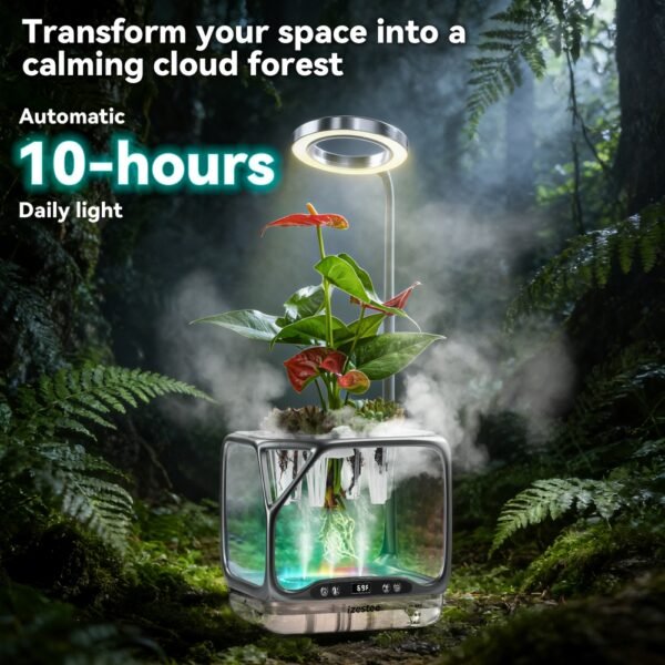 Indoor Growing System with Grow Light & Humidifier – Aeroponic Desktop Planter, Clear Root View, RGB Ambient Light – for Herbs, Greens, Mushrooms