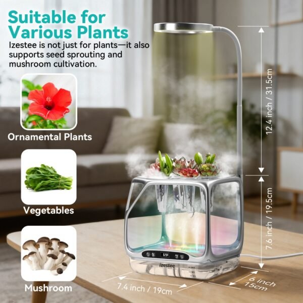 Indoor Growing System with Grow Light & Humidifier – Aeroponic Desktop Planter, Clear Root View, RGB Ambient Light – for Herbs, Greens, Mushrooms